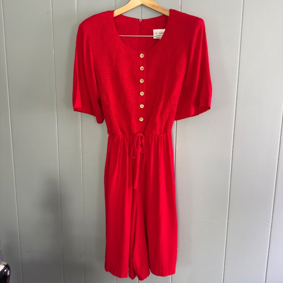 S.L. Fashions Red Jumpsuit 18 Vintage Made in USA‎ Smocked Tomato Girl Retro - Picture 1 of 13